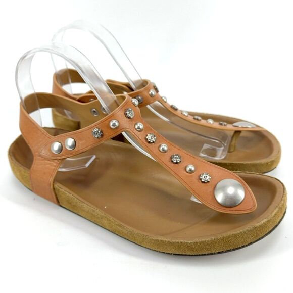 Womens Isabel Marant Light Brown Tan Leather Flat Studded Sandals EU 39 US 9